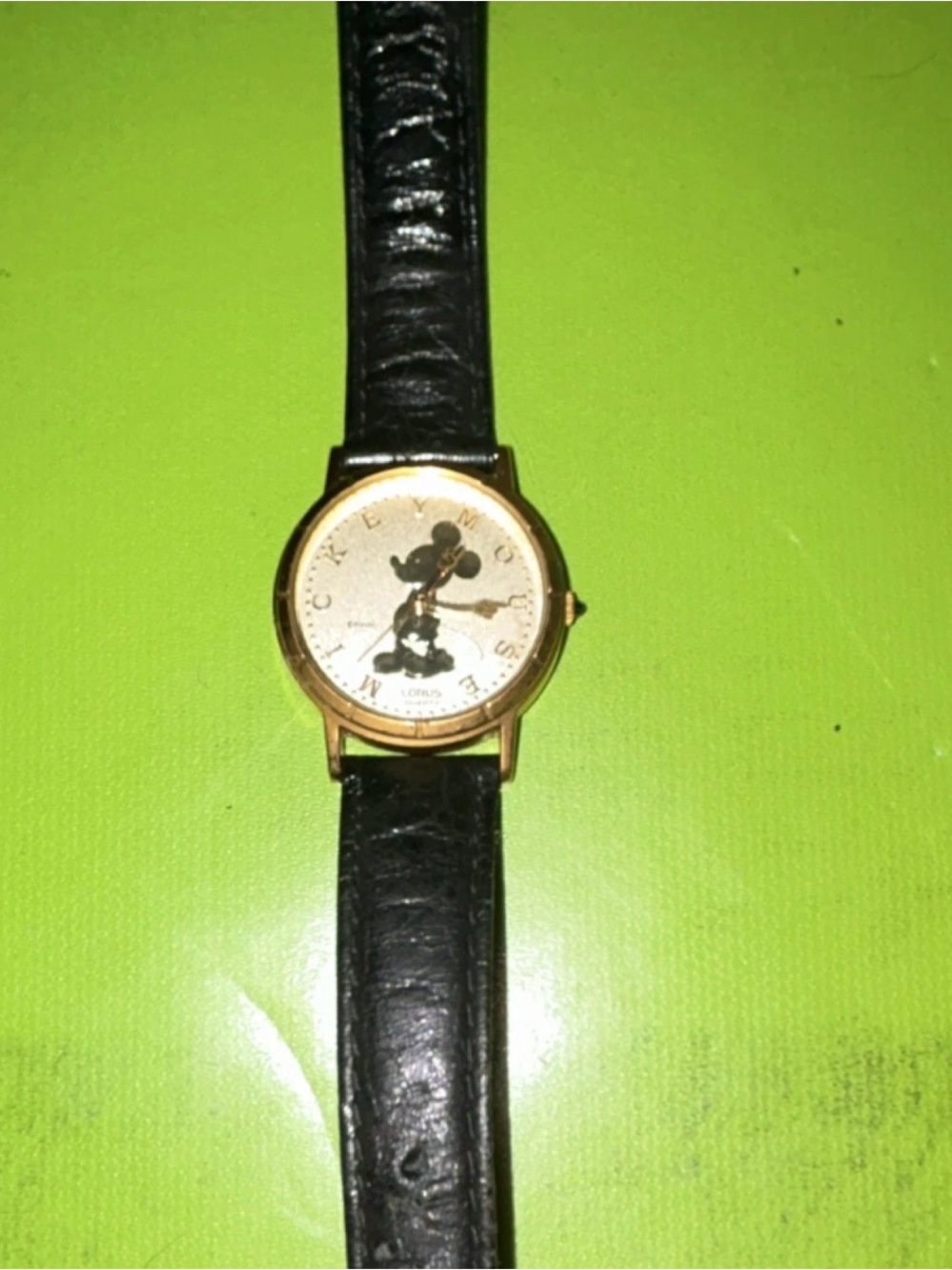 Disney Gold Tone Mickey Mouse Watch with Black Leather Strap